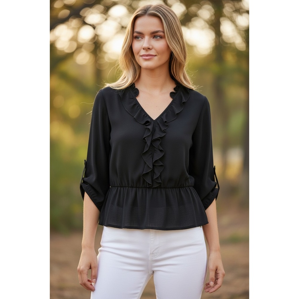 WHBM Coquette Black 100% Silk Ruffle Peplum Blouse Fits S Minimalist‎ $168